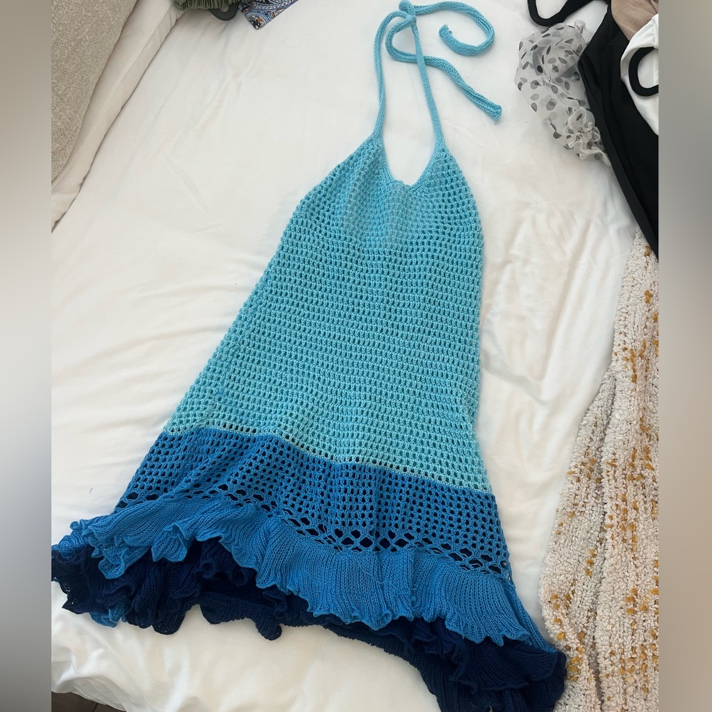 Blue Crochet Swim Cover Up Ombre Halter Beach Vacation Dress Size M
